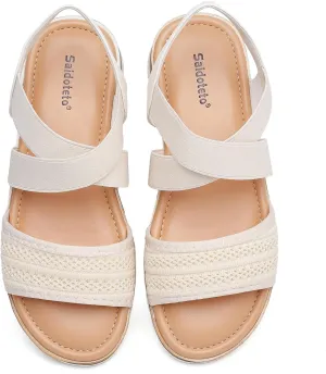Saidoteto Women's Wide Width Flat Sandals,Comfortable Elastic Ankle Strap Slingback Slip-On Open Toe Low Wedge Walking Sandals for Summer & Casual