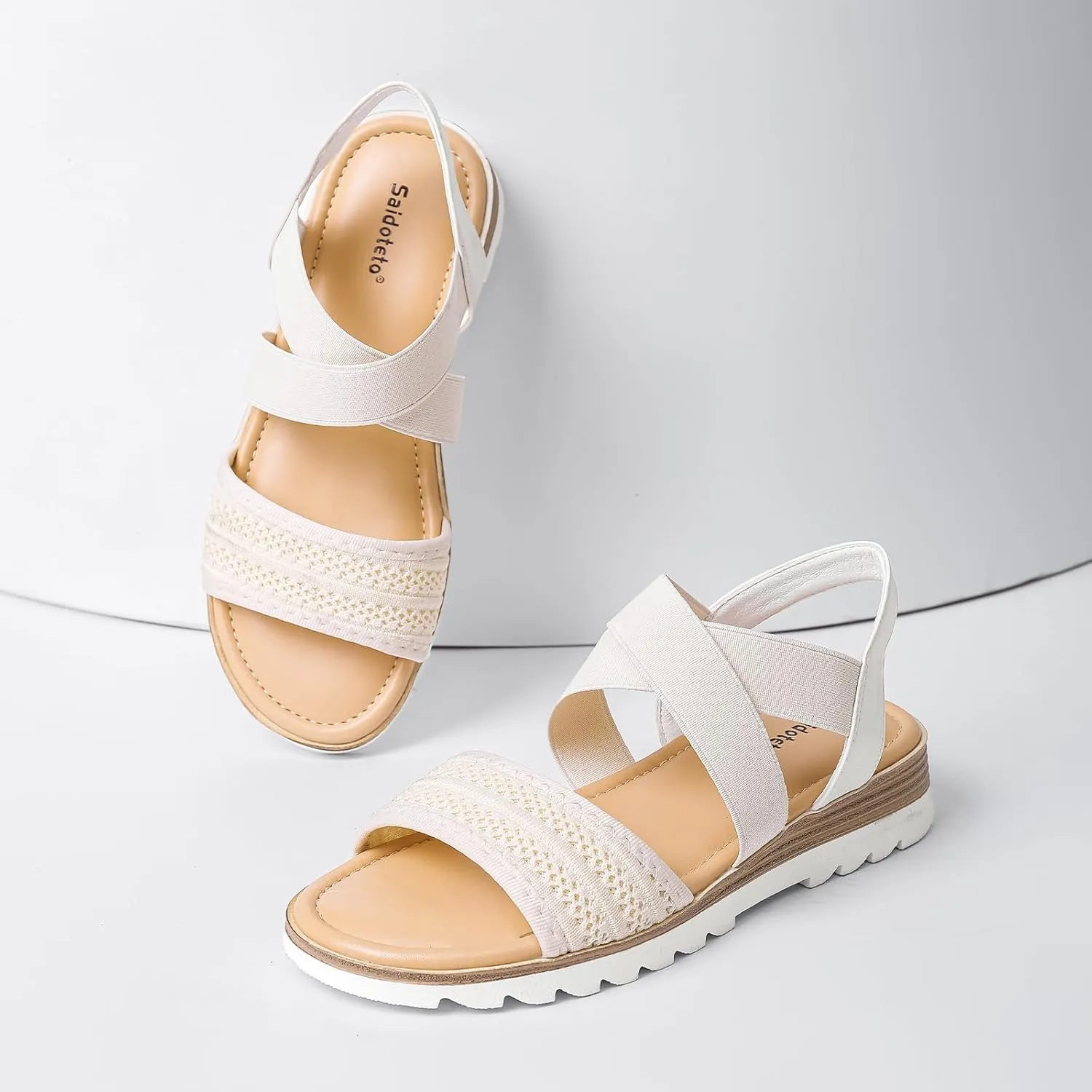 Saidoteto Women's Wide Width Flat Sandals,Comfortable Elastic Ankle Strap Slingback Slip-On Open Toe Low Wedge Walking Sandals for Summer & Casual
