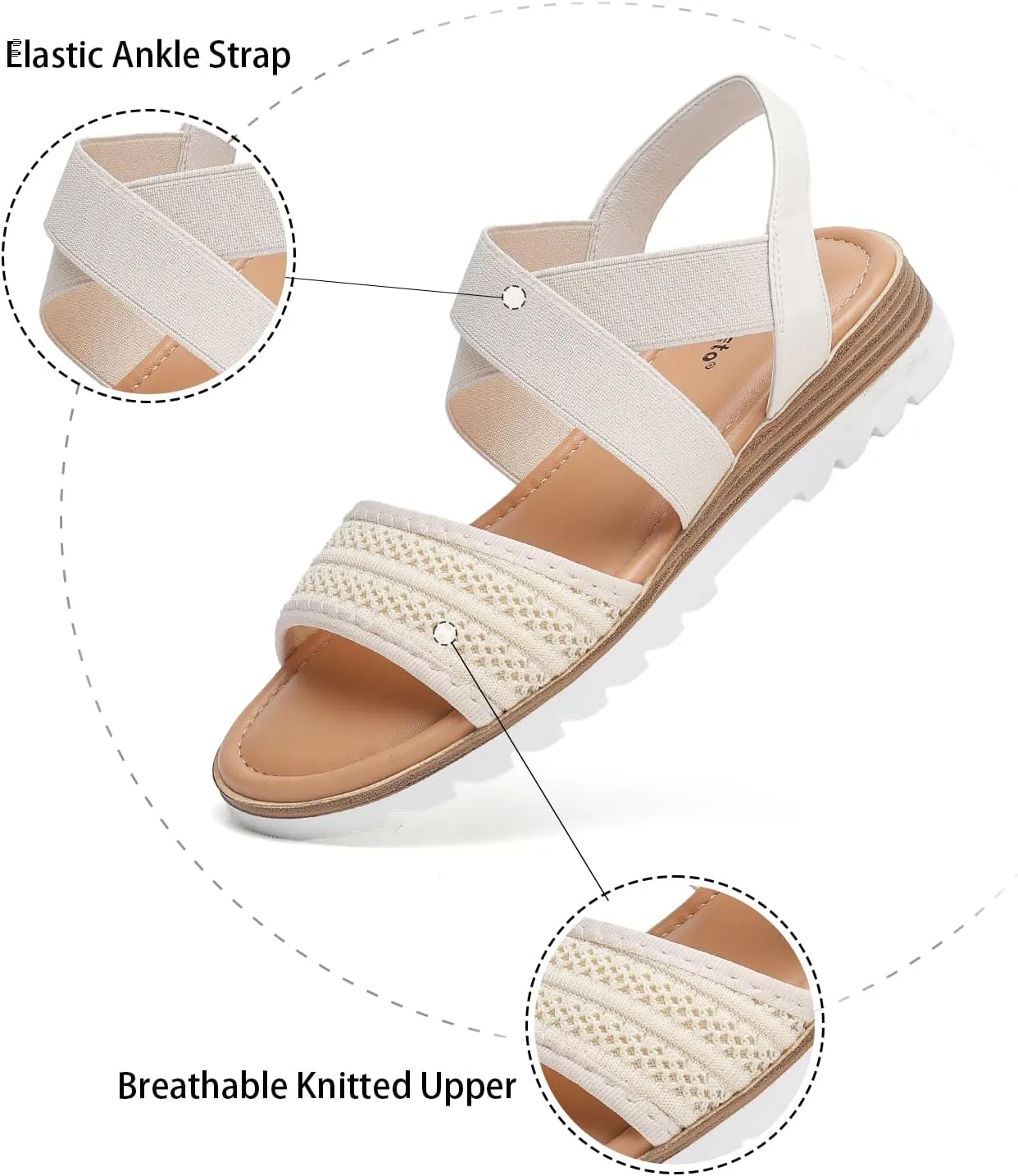 Saidoteto Women's Wide Width Flat Sandals,Comfortable Elastic Ankle Strap Slingback Slip-On Open Toe Low Wedge Walking Sandals for Summer & Casual