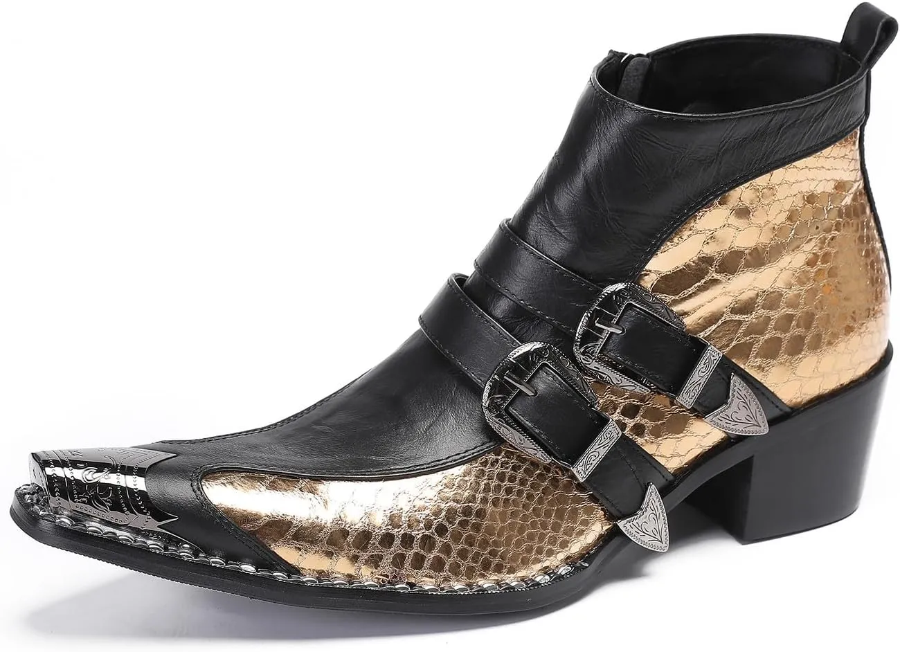 Santimon Mens Chelsea Boots Casual Dress Genuine Leather Double Buckle Ankle Western Boots Metal Wingtip Zipper Fashion Party Ballroom Rock Singer Cowboy Boots for Men Boy