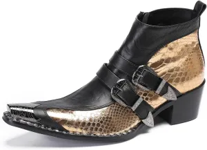 Santimon Mens Chelsea Boots Casual Dress Genuine Leather Double Buckle Ankle Western Boots Metal Wingtip Zipper Fashion Party Ballroom Rock Singer Cowboy Boots for Men Boy