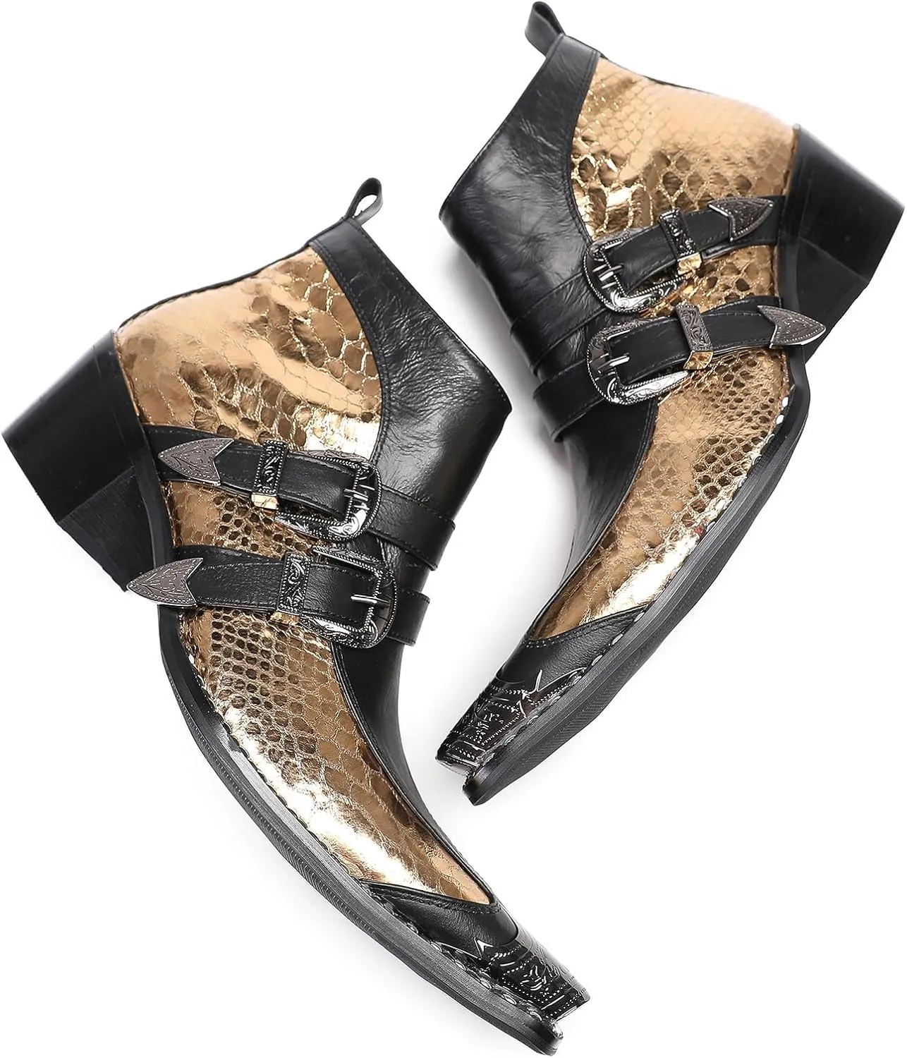 Santimon Mens Chelsea Boots Casual Dress Genuine Leather Double Buckle Ankle Western Boots Metal Wingtip Zipper Fashion Party Ballroom Rock Singer Cowboy Boots for Men Boy