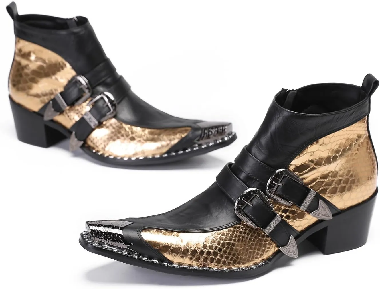 Santimon Mens Chelsea Boots Casual Dress Genuine Leather Double Buckle Ankle Western Boots Metal Wingtip Zipper Fashion Party Ballroom Rock Singer Cowboy Boots for Men Boy