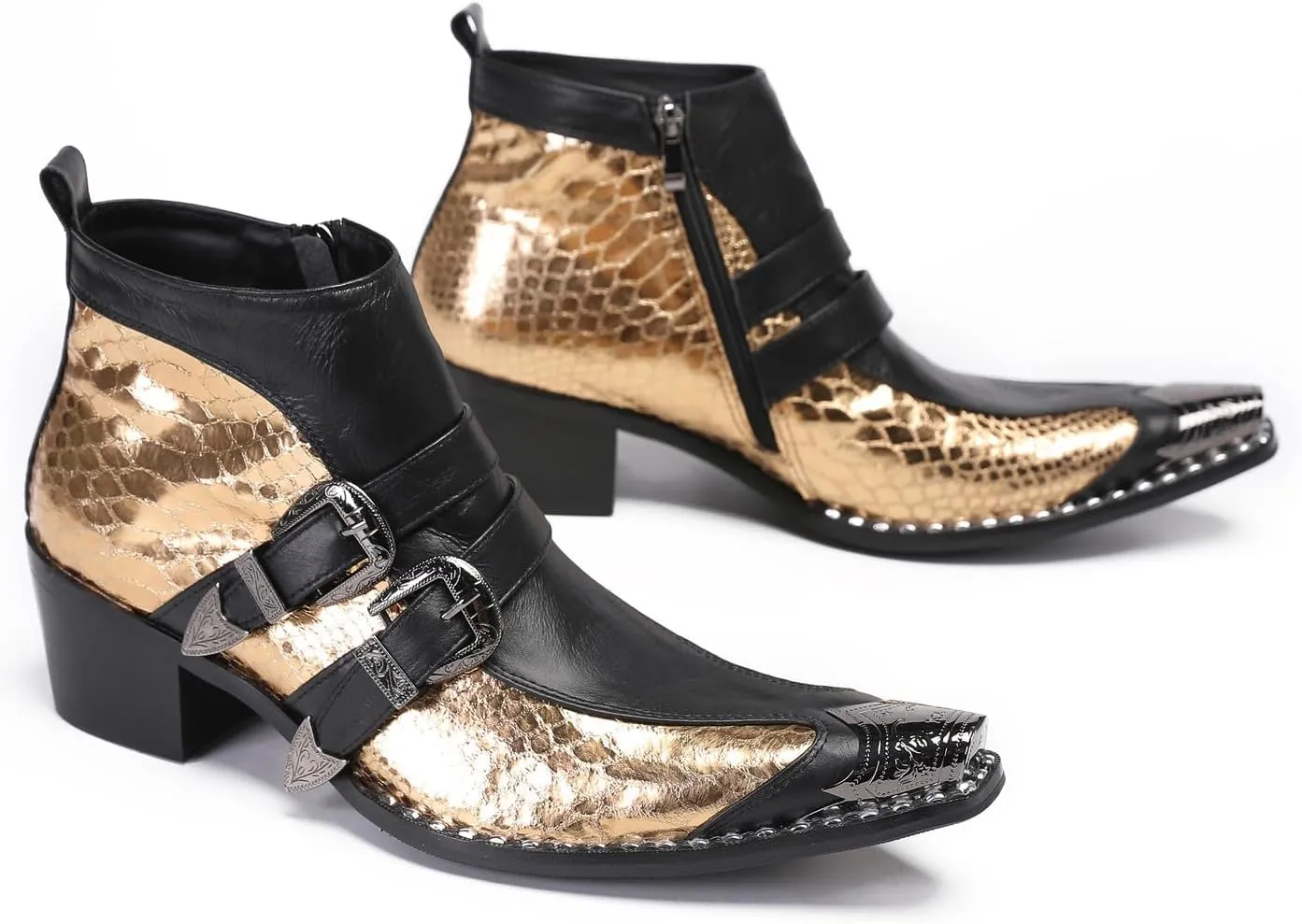Santimon Mens Chelsea Boots Casual Dress Genuine Leather Double Buckle Ankle Western Boots Metal Wingtip Zipper Fashion Party Ballroom Rock Singer Cowboy Boots for Men Boy
