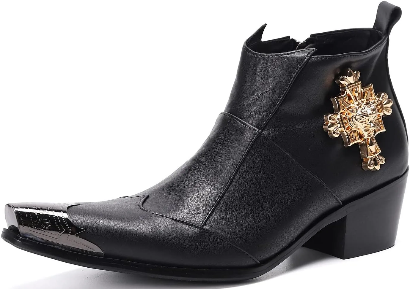 Santimon Mens Dress Boots Western Leather Fashion Brown Casual Pointed-Toe Metal Tip Shoes