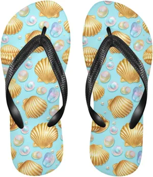 Seashell Pearl Cyan Flip Flops for Beach Thong Sandals Anti-slip Lightweight Shower Shoes for House Indoor Outdoor