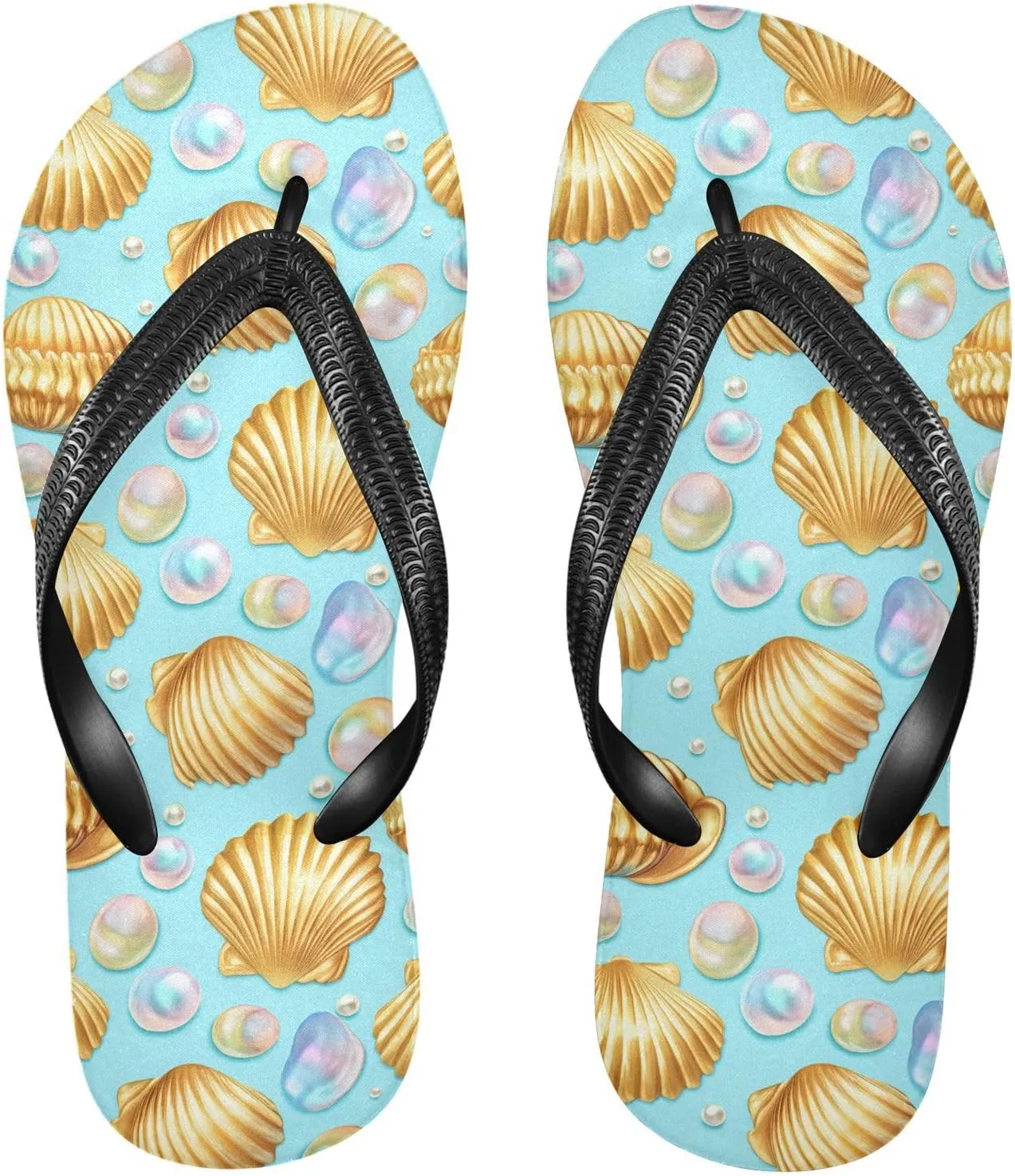 Seashell Pearl Cyan Flip Flops for Beach Thong Sandals Anti-slip Lightweight Shower Shoes for House Indoor Outdoor