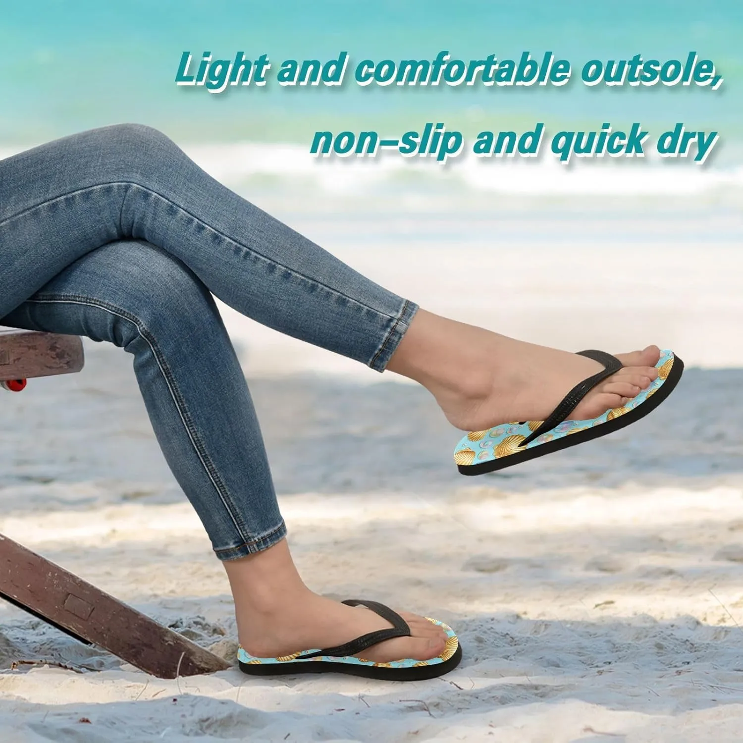 Seashell Pearl Cyan Flip Flops for Beach Thong Sandals Anti-slip Lightweight Shower Shoes for House Indoor Outdoor