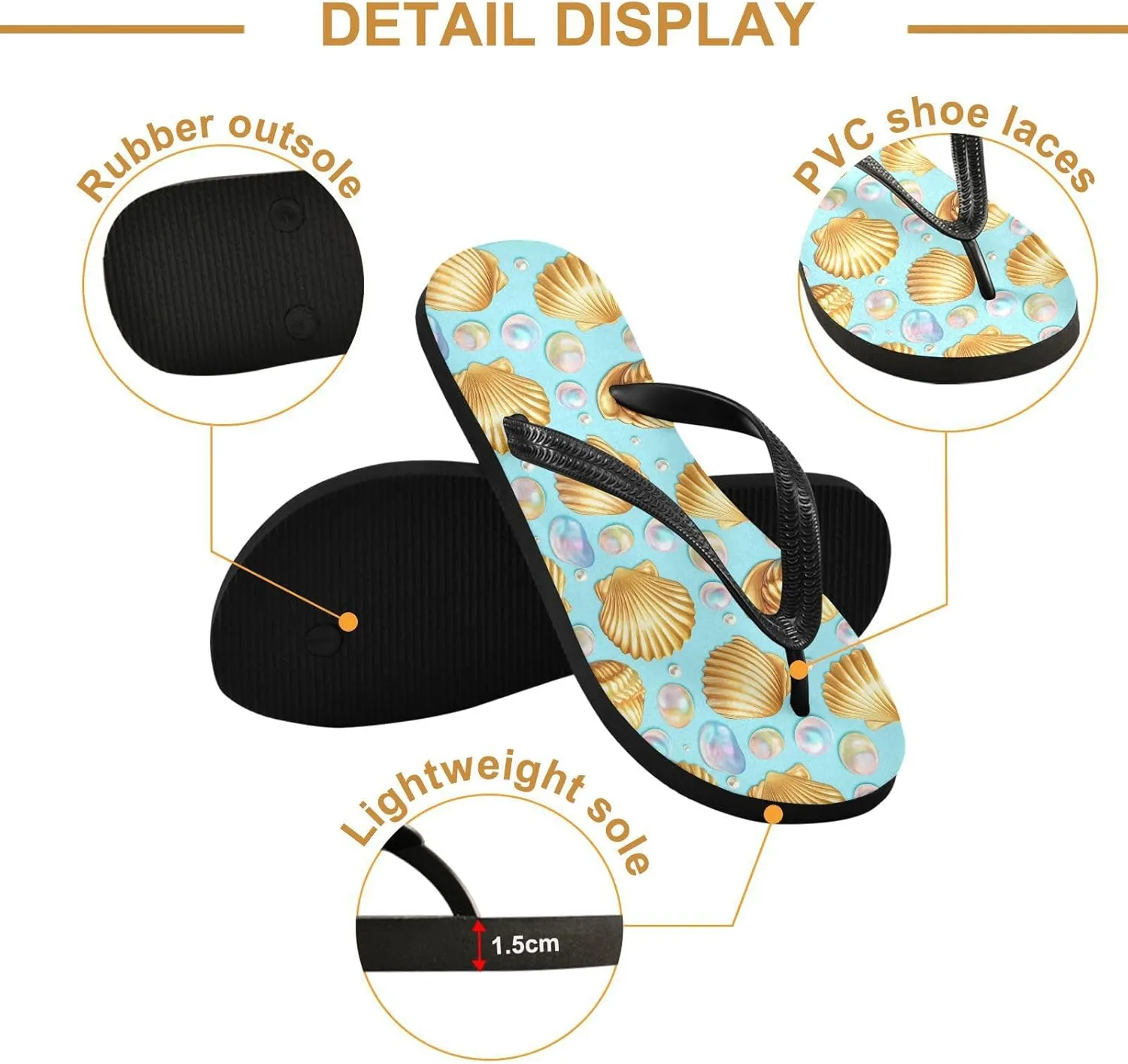 Seashell Pearl Cyan Flip Flops for Beach Thong Sandals Anti-slip Lightweight Shower Shoes for House Indoor Outdoor
