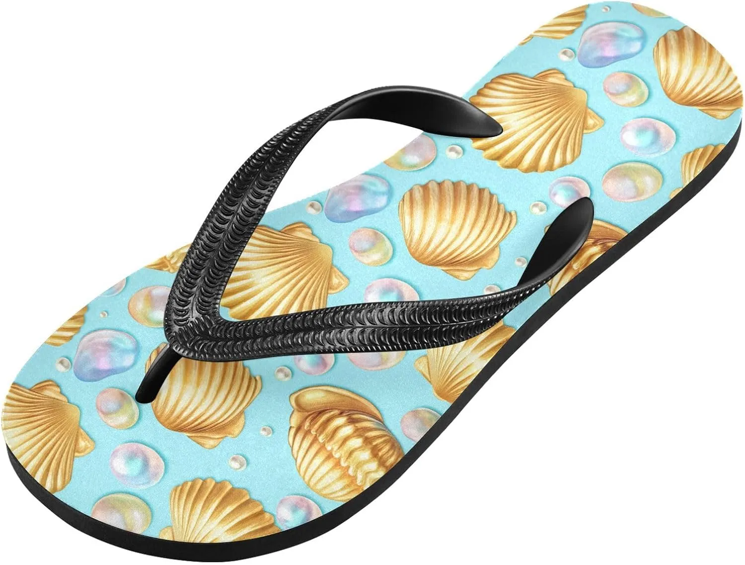 Seashell Pearl Cyan Flip Flops for Beach Thong Sandals Anti-slip Lightweight Shower Shoes for House Indoor Outdoor