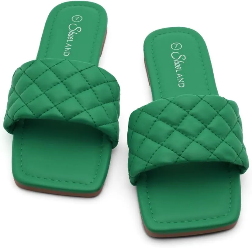 Shoe Land Anisha Women's Flat Sandals, Fashion Slides with Square Open Toe, Quilted Single Band Dressy Sandals, Slip-On Slippers for Summer, Daily Wear, Prom, and Party