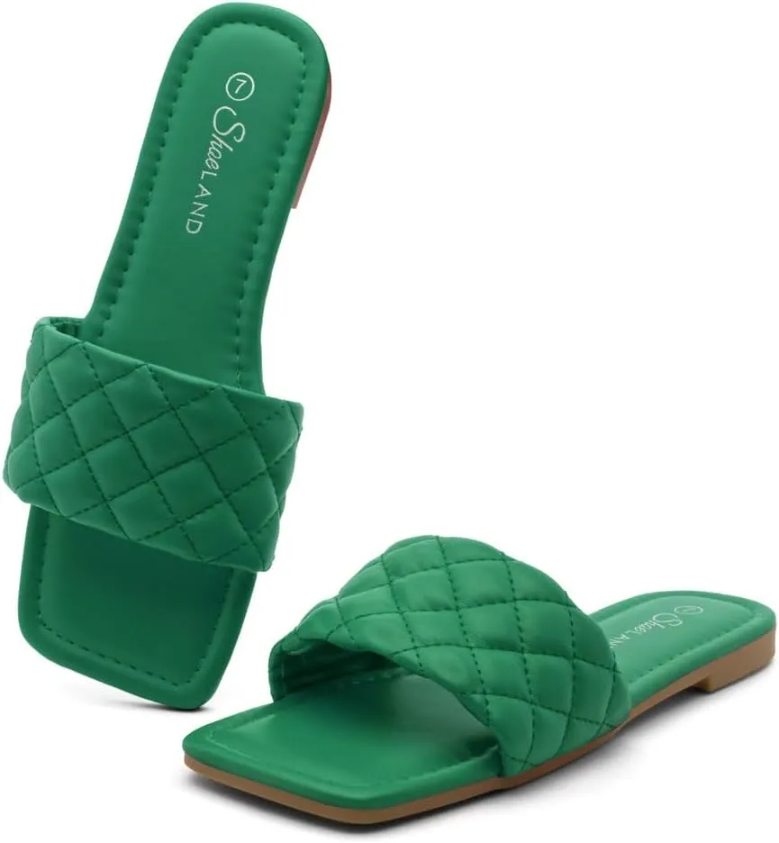 Shoe Land Anisha Women's Flat Sandals, Fashion Slides with Square Open Toe, Quilted Single Band Dressy Sandals, Slip-On Slippers for Summer, Daily Wear, Prom, and Party