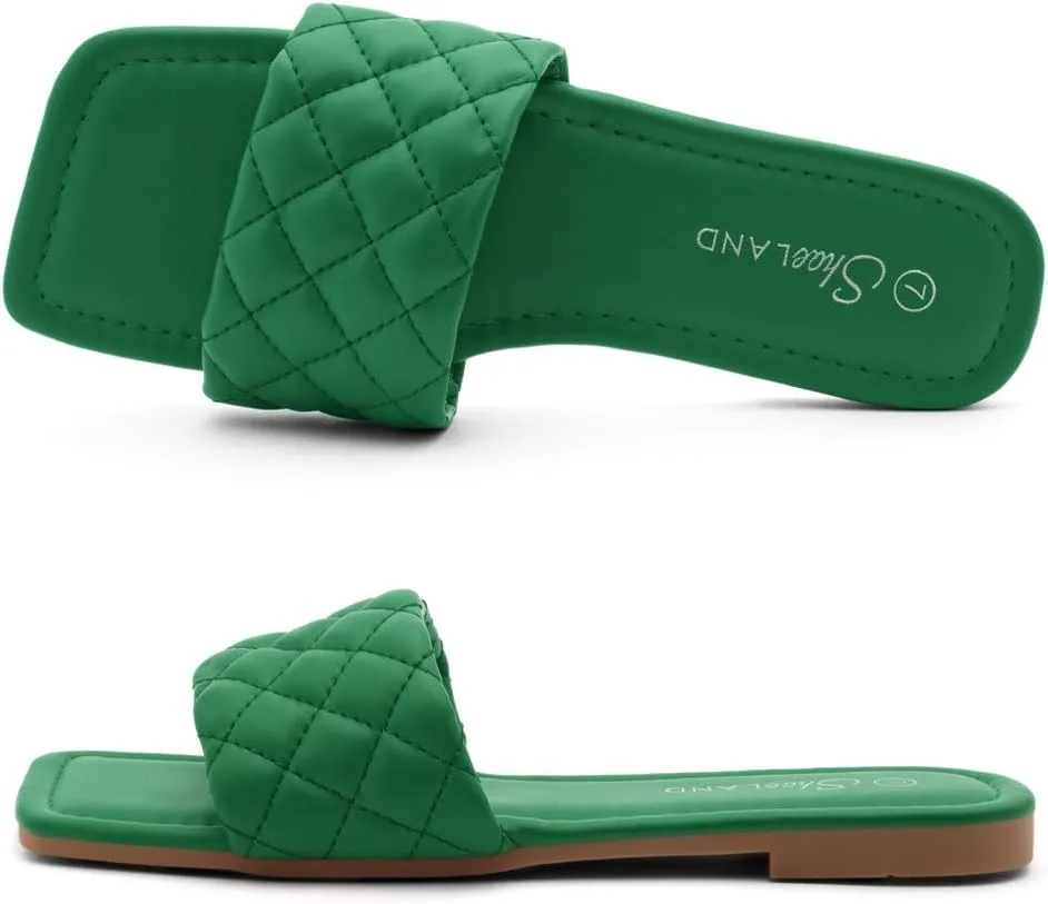 Shoe Land Anisha Women's Flat Sandals, Fashion Slides with Square Open Toe, Quilted Single Band Dressy Sandals, Slip-On Slippers for Summer, Daily Wear, Prom, and Party
