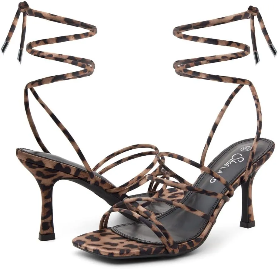 Shoe Land SL-Lumi Women's Lace-Up Heels, Square Open Toe Strappy Heeled Sandals, Ankle Wrap Tie-Up High Heels, Dressy Stiletto Heels for Prom, Wedding, and Party