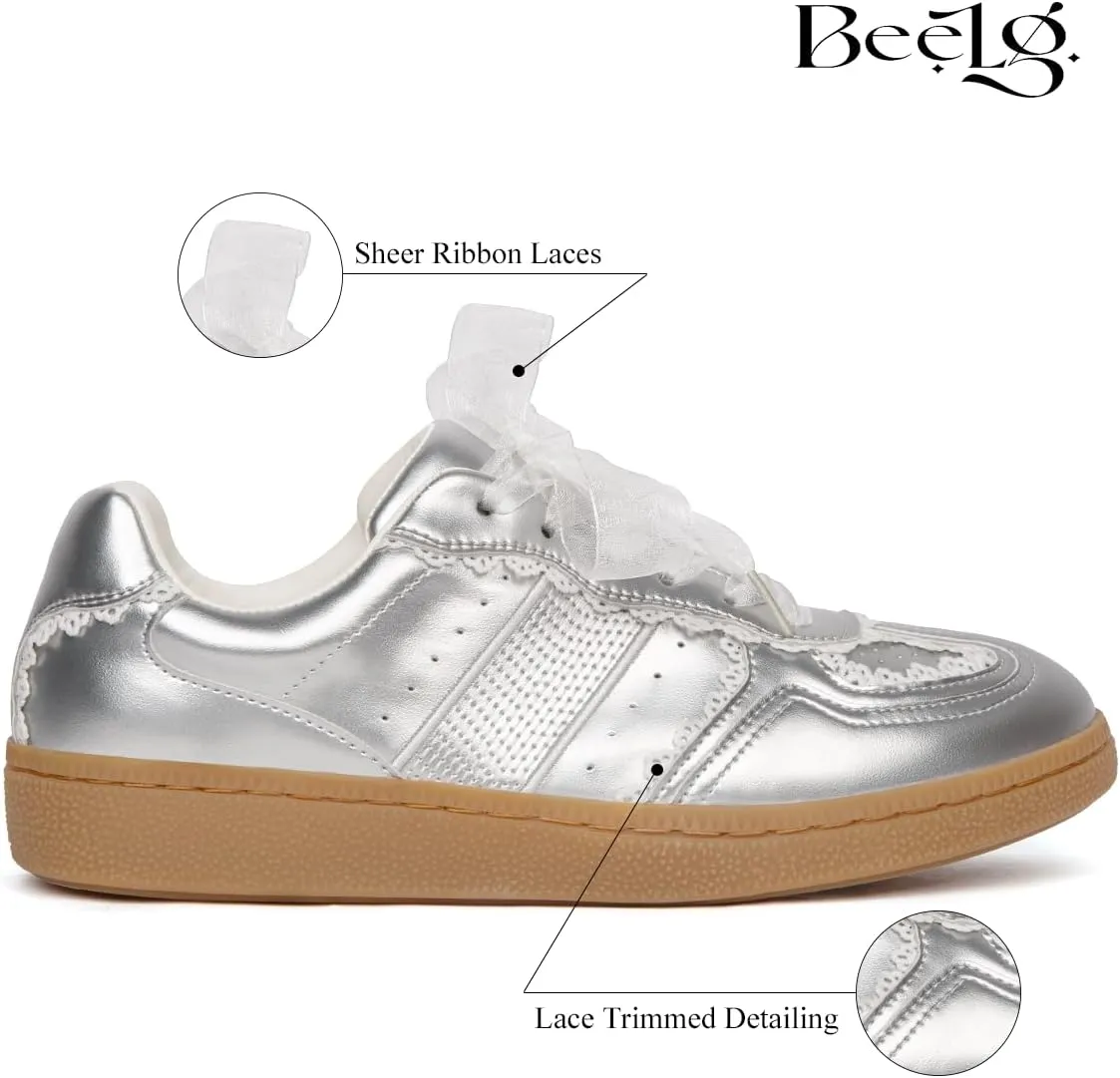 Sneakers for Women Lace Detail – Elegant Ribbon Lace-Up Womens Sneakers with Memory Foam Insole and Non-Slip Casual Shoes for Women Spring Shoes Low Top
