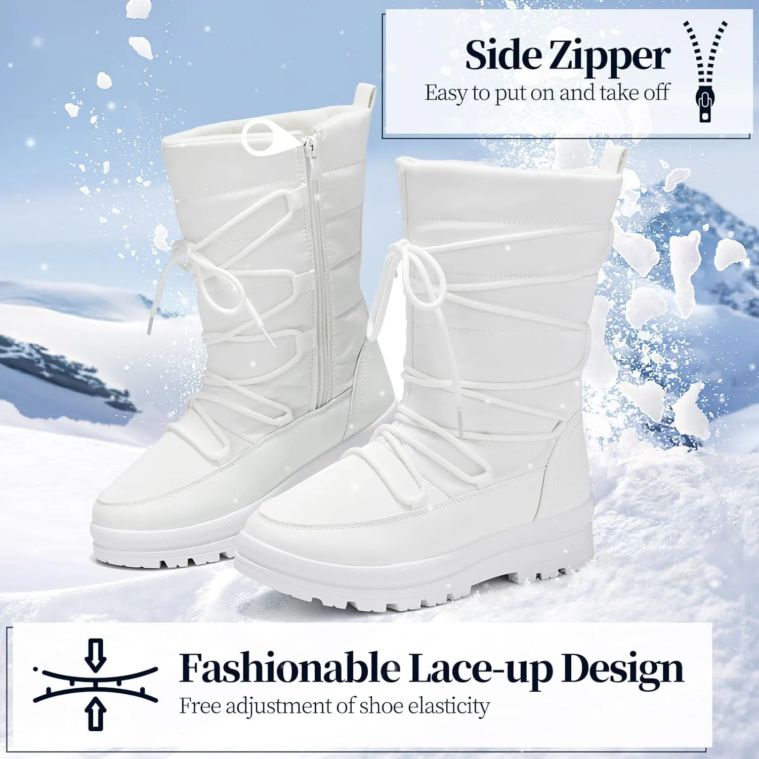 Snow Boots for Women Fur Winter Boots Waterproof Ski Boots Women's Mid Calf Boots Furry White Lace up Boots with Zipper
