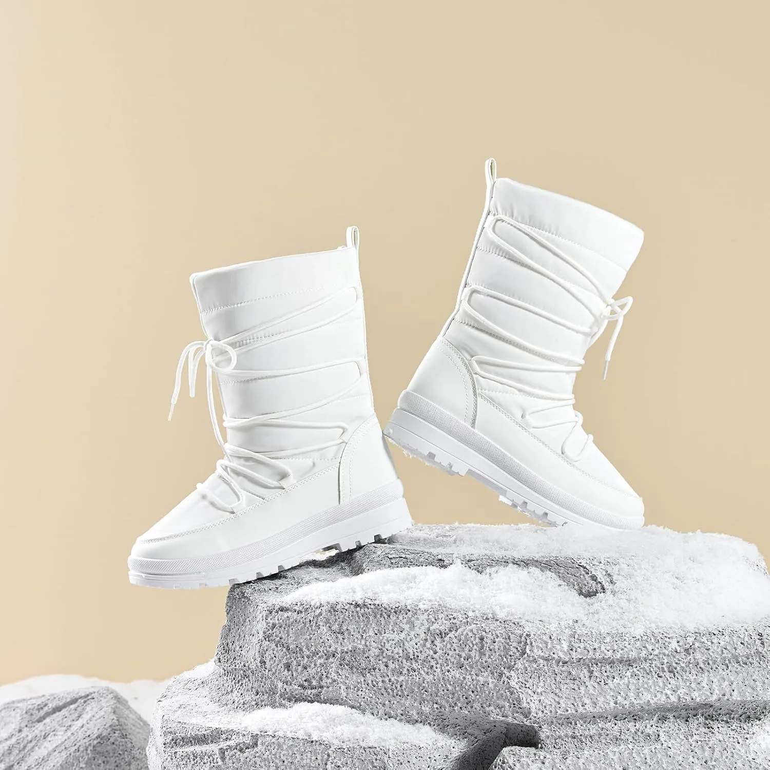 Snow Boots for Women Fur Winter Boots Waterproof Ski Boots Women's Mid Calf Boots Furry White Lace up Boots with Zipper
