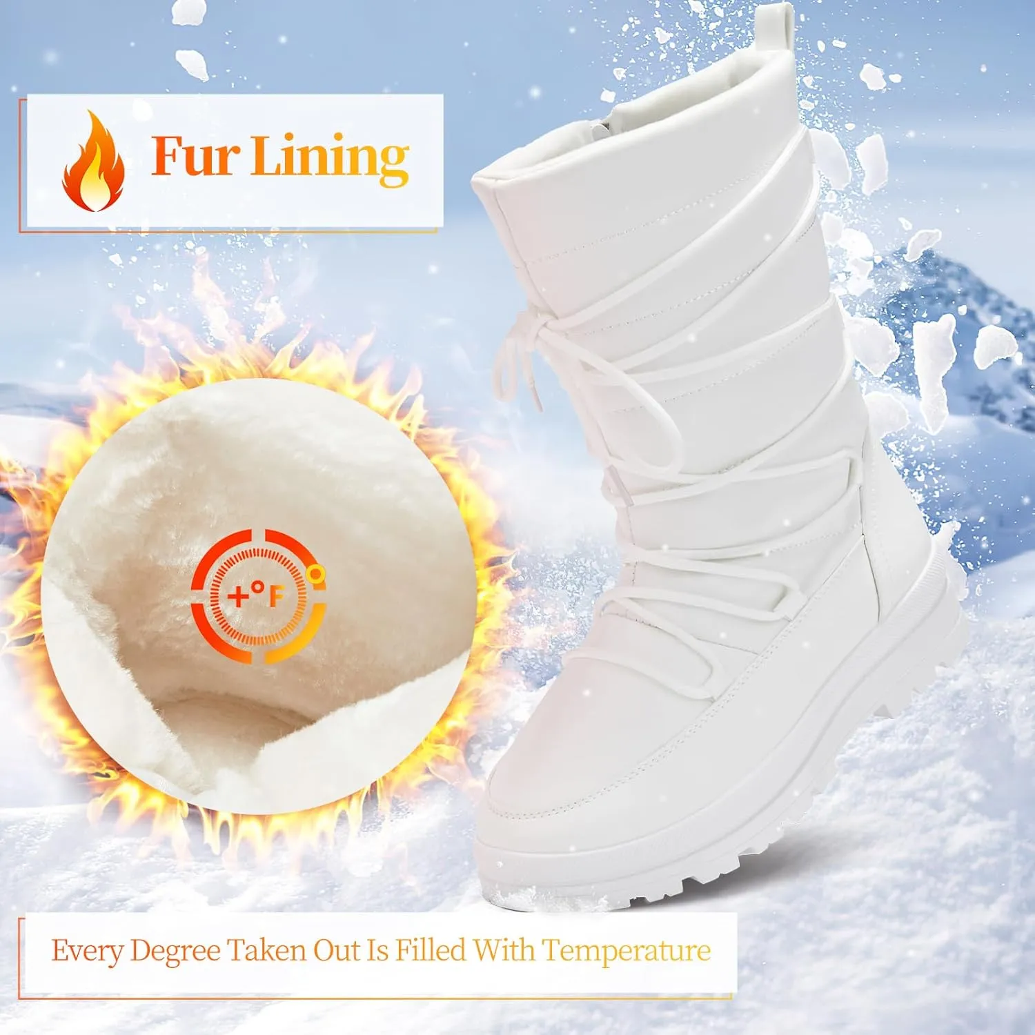 Snow Boots for Women Fur Winter Boots Waterproof Ski Boots Women's Mid Calf Boots Furry White Lace up Boots with Zipper