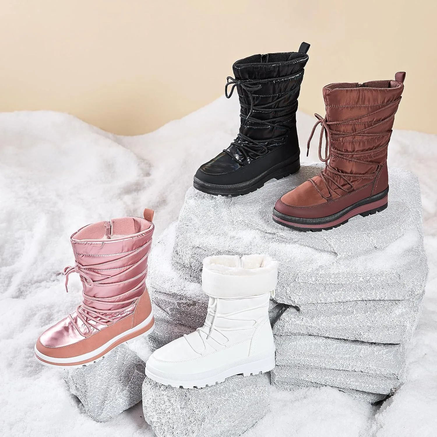 Snow Boots for Women Fur Winter Boots Waterproof Ski Boots Women's Mid Calf Boots Furry White Lace up Boots with Zipper