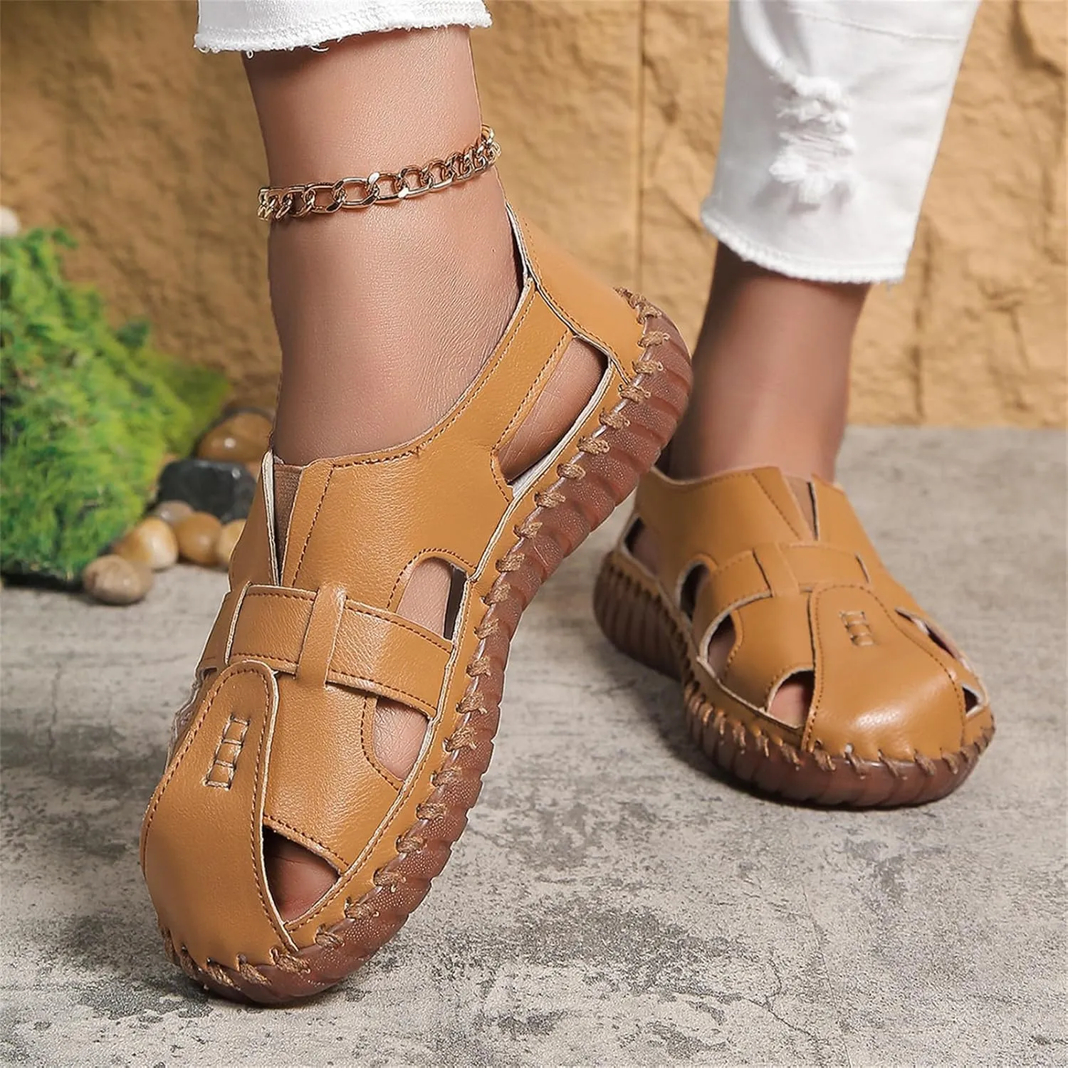 Soft Comfortable Sandals for Women Summer Casual Closed Toe Hollow Out Slip On Loafers Flat Fisherman Sandal Comfy Cute Breathable Walking Orthopedic Beach Shoes