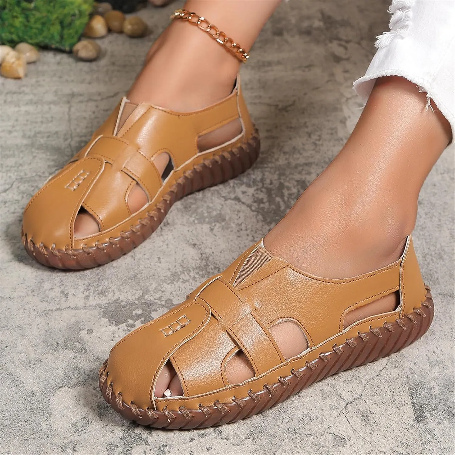 Soft Comfortable Sandals for Women Summer Casual Closed Toe Hollow Out Slip On Loafers Flat Fisherman Sandal Comfy Cute Breathable Walking Orthopedic Beach Shoes