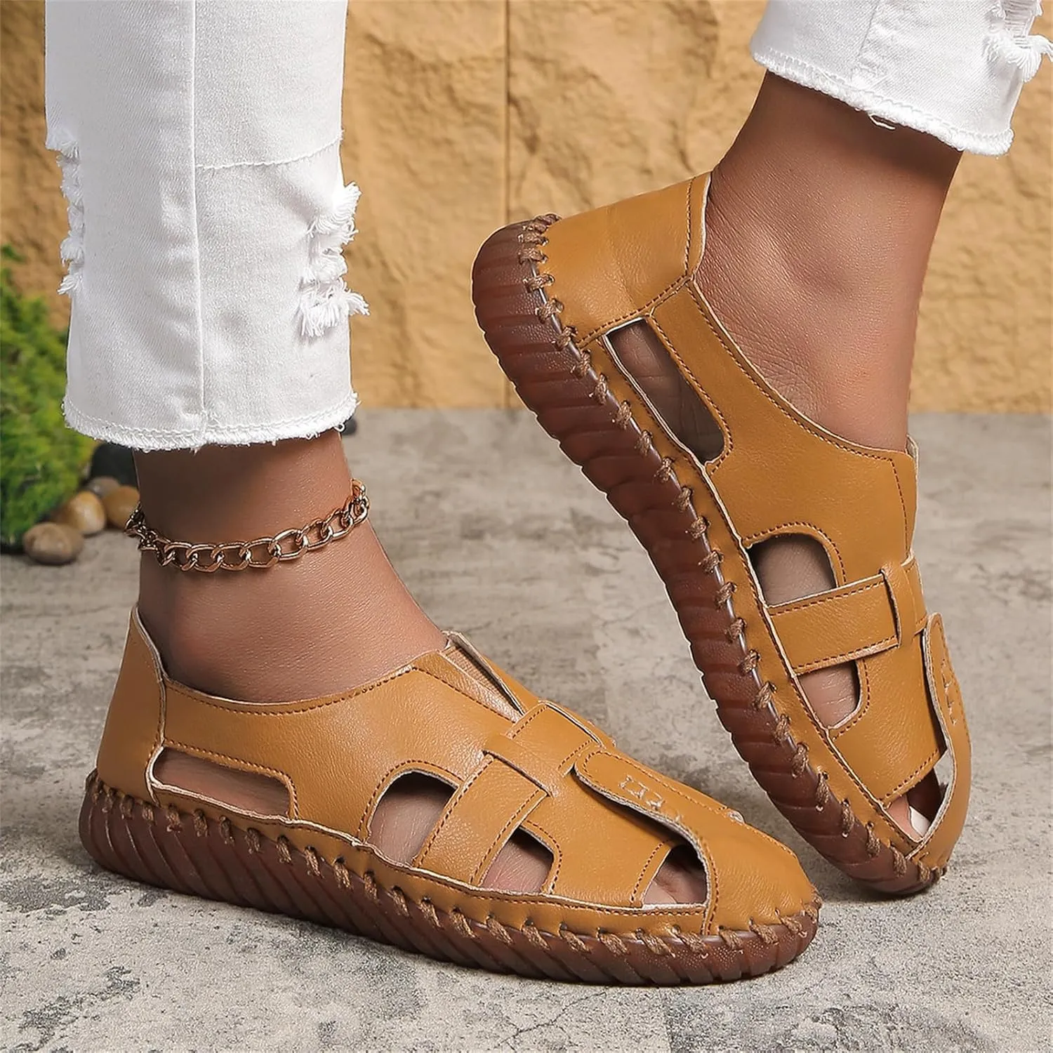 Soft Comfortable Sandals for Women Summer Casual Closed Toe Hollow Out Slip On Loafers Flat Fisherman Sandal Comfy Cute Breathable Walking Orthopedic Beach Shoes