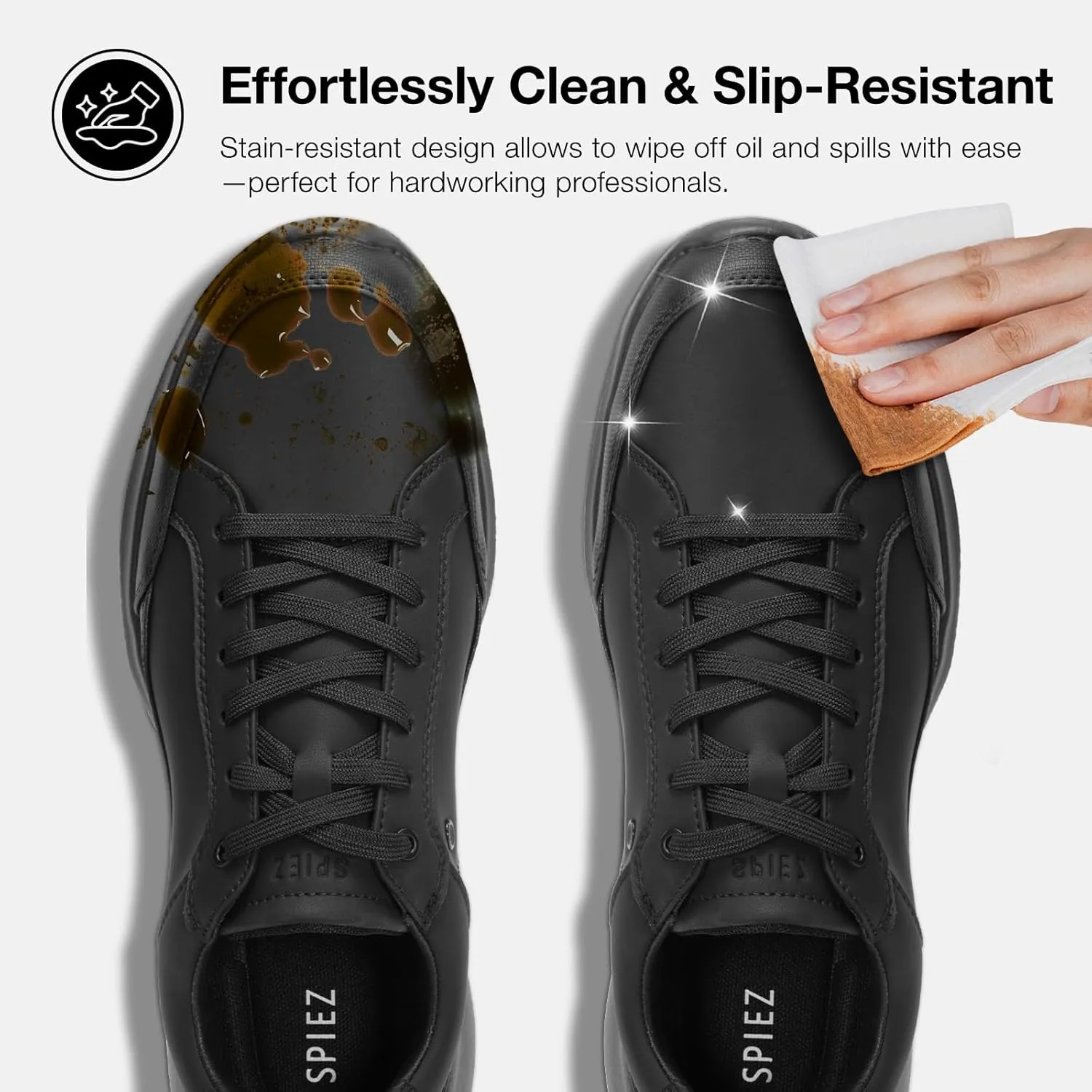 SPIEZ Mens Non Slip Shoes, Waterproof Oil Resistant Food Service Shoes, Lightweight Breathable Work Walking Sneakers Black US7.5-12