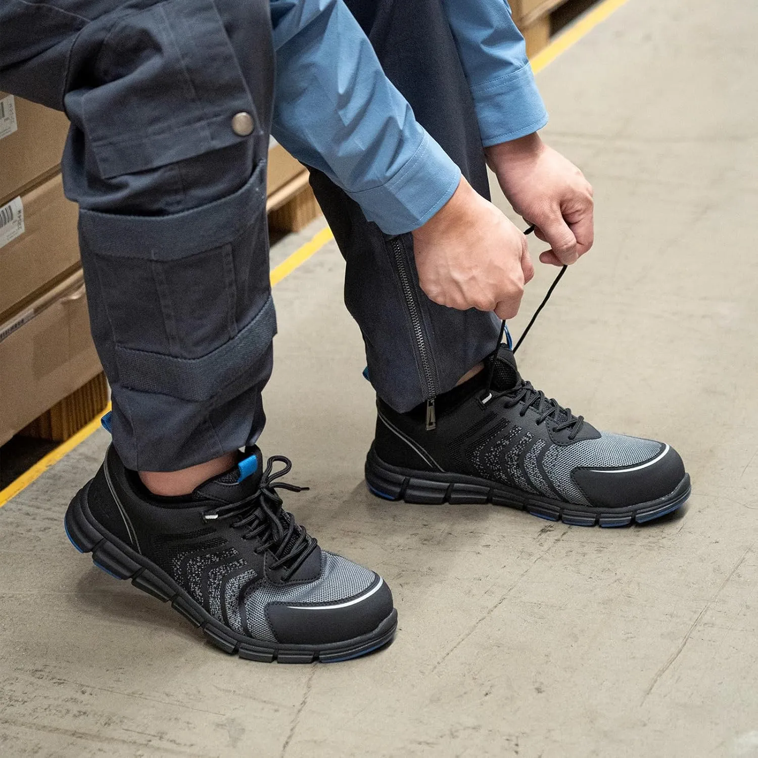 SPIEZ Men's Safety Shoes, Composite Toe, Non-Slip, Puncture-Proof, Lightweight & Breathable Work Sneakers, Black (US 7.5-12)