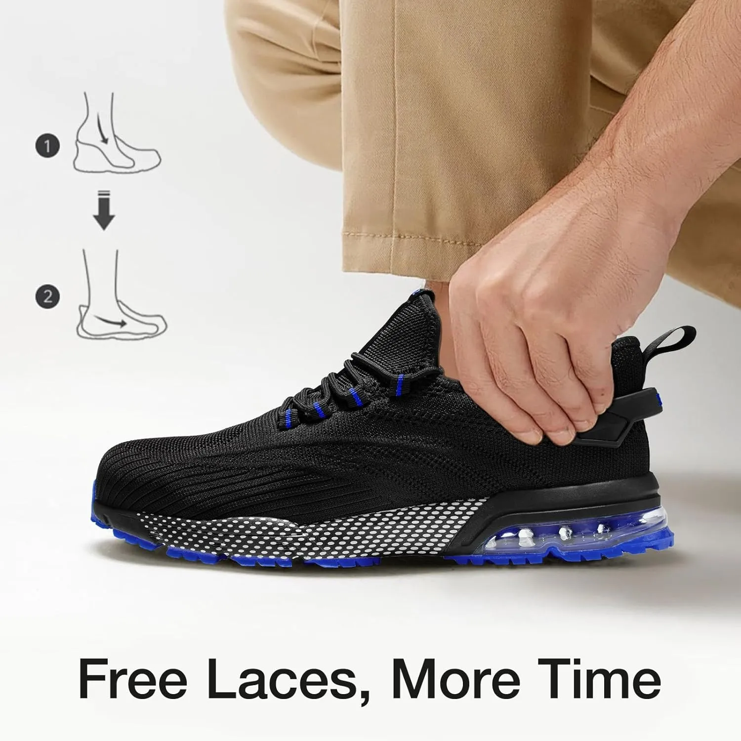 SPIEZ Safety Shoes for Men Women, Air Cushion Composite Toe Work Shoes, Lightweight Breathable Slip On Utility Sneakers Black Blue/Black Green US5-12