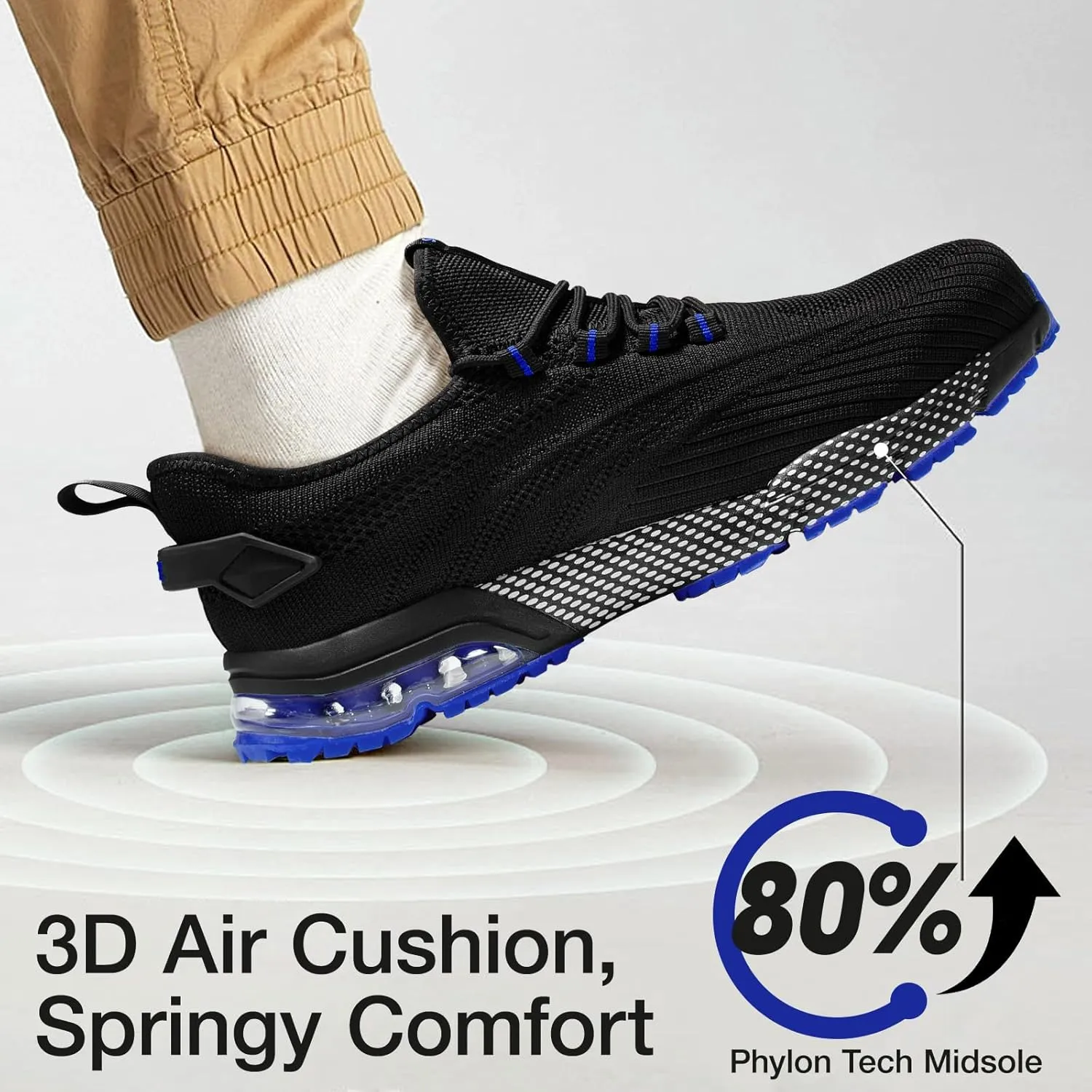 SPIEZ Safety Shoes for Men Women, Air Cushion Composite Toe Work Shoes, Lightweight Breathable Slip On Utility Sneakers Black Blue/Black Green US5-12