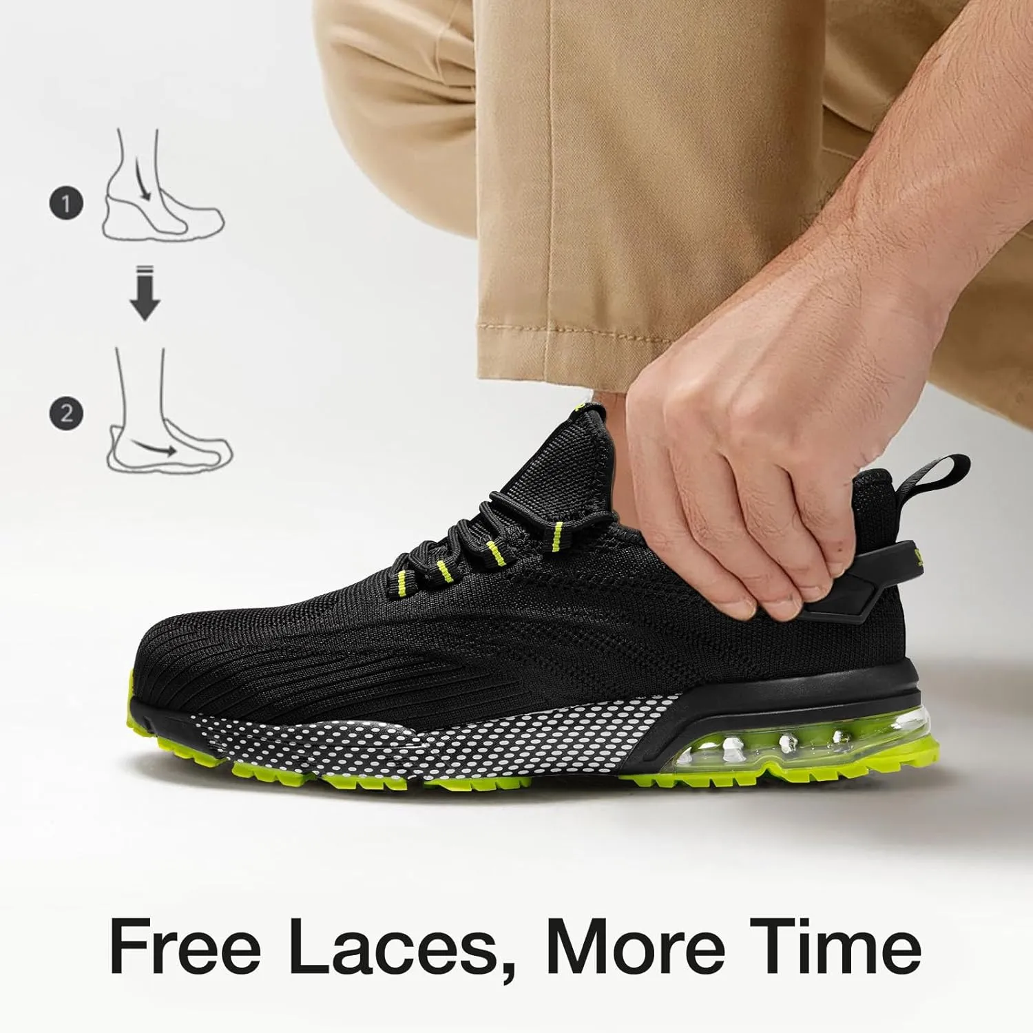 SPIEZ Safety Shoes for Men Women, Air Cushion Composite Toe Work Shoes, Lightweight Breathable Slip On Utility Sneakers Black Blue/Black Green US5-12