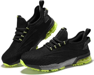 SPIEZ Safety Shoes for Men Women, Air Cushion Composite Toe Work Shoes, Lightweight Breathable Slip On Utility Sneakers Black Blue/Black Green US5-12