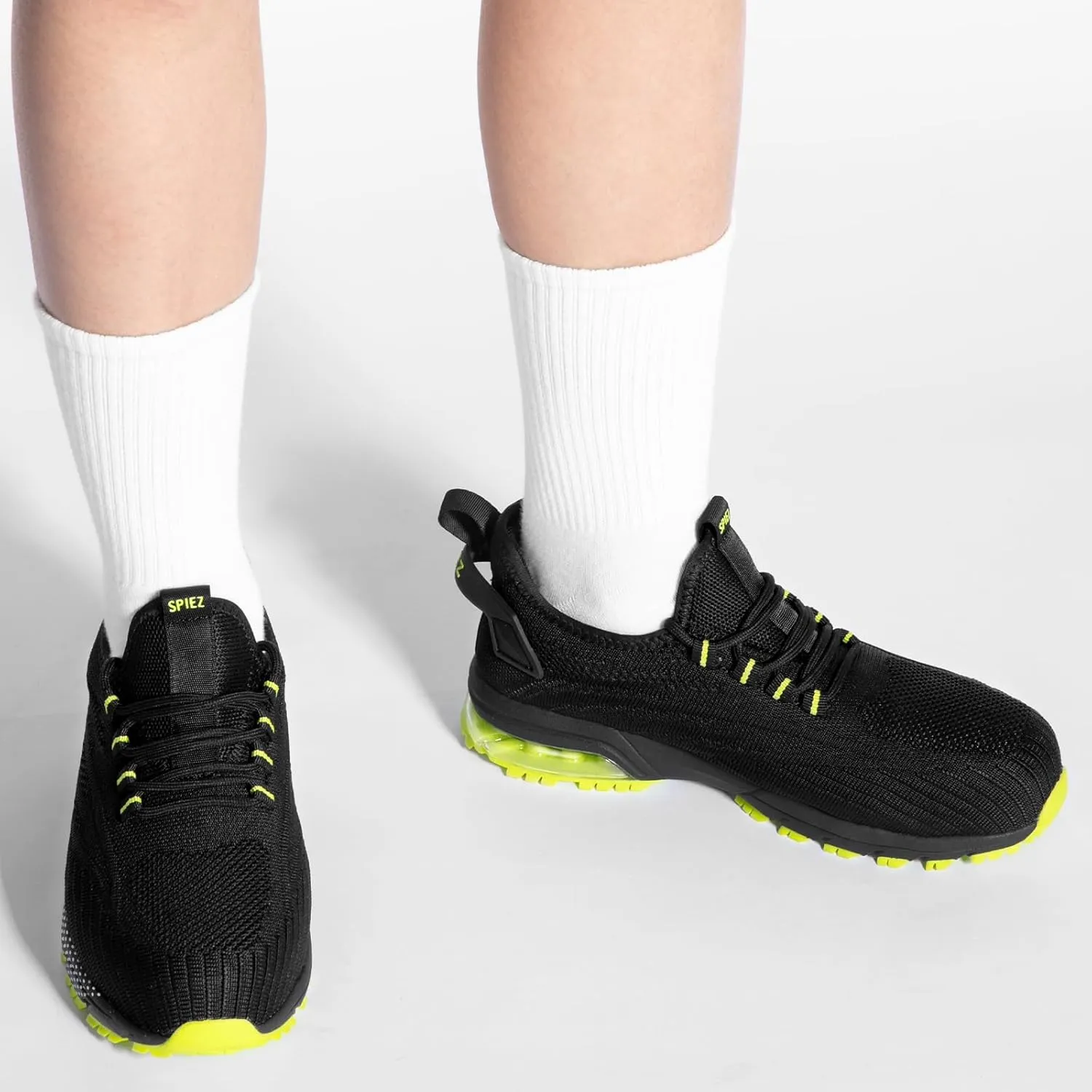 SPIEZ Safety Shoes for Men Women, Air Cushion Composite Toe Work Shoes, Lightweight Breathable Slip On Utility Sneakers Black Blue/Black Green US5-12
