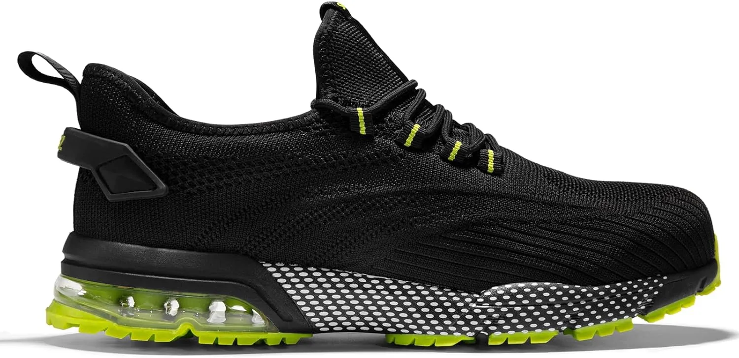 SPIEZ Safety Shoes for Men Women, Air Cushion Composite Toe Work Shoes, Lightweight Breathable Slip On Utility Sneakers Black Blue/Black Green US5-12