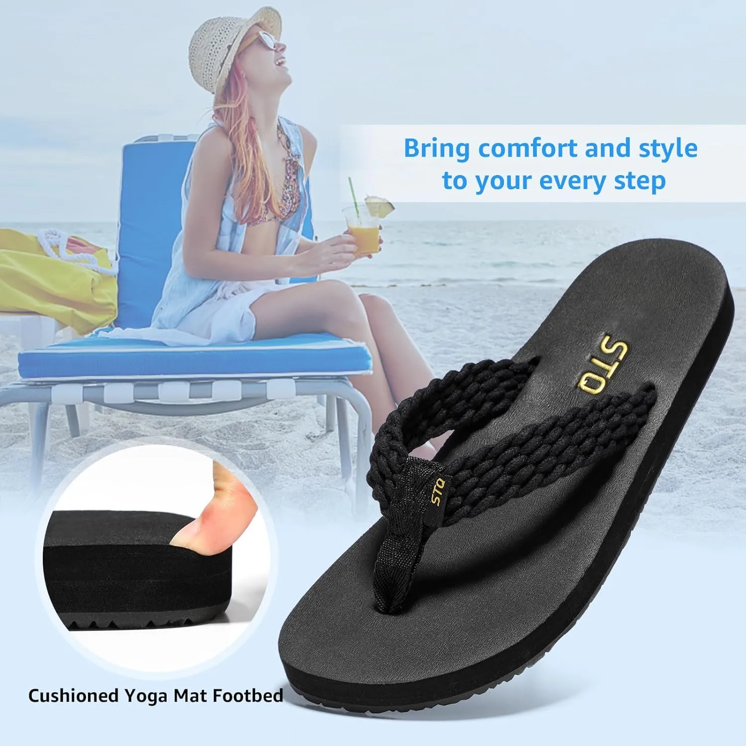 STQ Womens Quick Dry Flip Flops with Yoga Mat Sole丨Arch Support Thong Sandals
