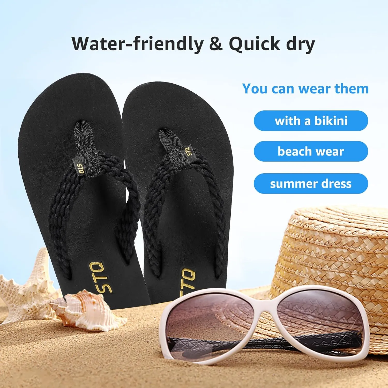 STQ Womens Quick Dry Flip Flops with Yoga Mat Sole丨Arch Support Thong Sandals