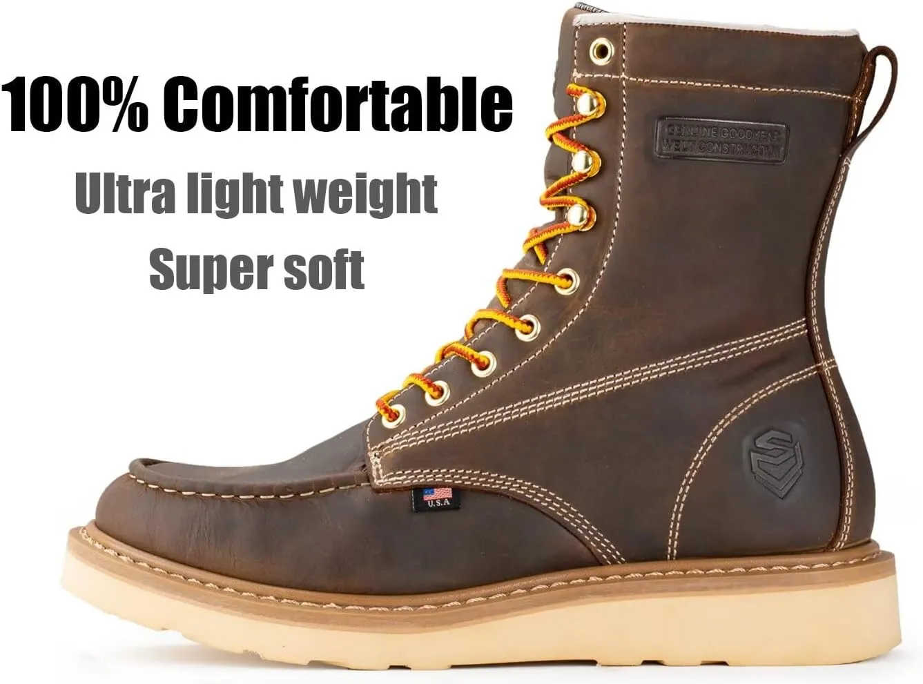 SUREWAY 8in Wedge Moc Toe Work Boots for Men - Soft Toe,Premium Full-Grain Leather,Safety Work Boots/Shoes,Comfort Insole,Oil/Slip Resistant,Real Goodyear,EH Rated Industrial Construction