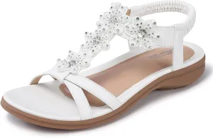 TEMOFON Flats Sandals for Women Dressy: Summer Elastic Ankle Strap Flat Sandals - Comfortable Beach Women