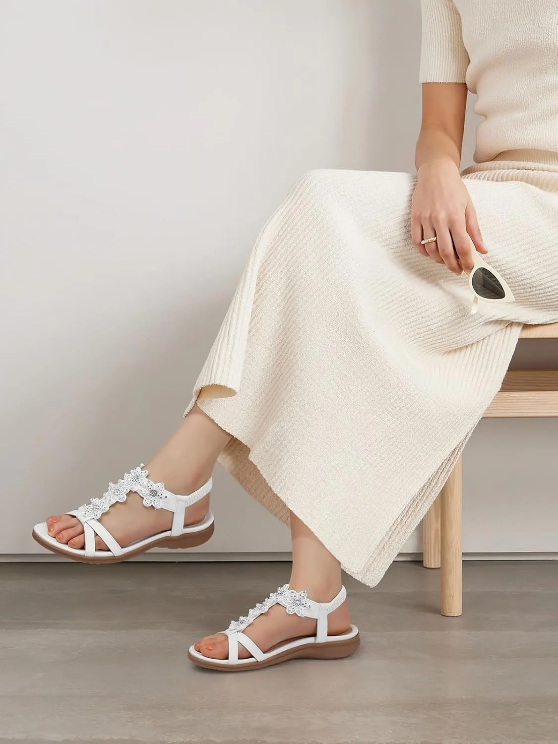 TEMOFON Flats Sandals for Women Dressy: Summer Elastic Ankle Strap Flat Sandals - Comfortable Beach Women