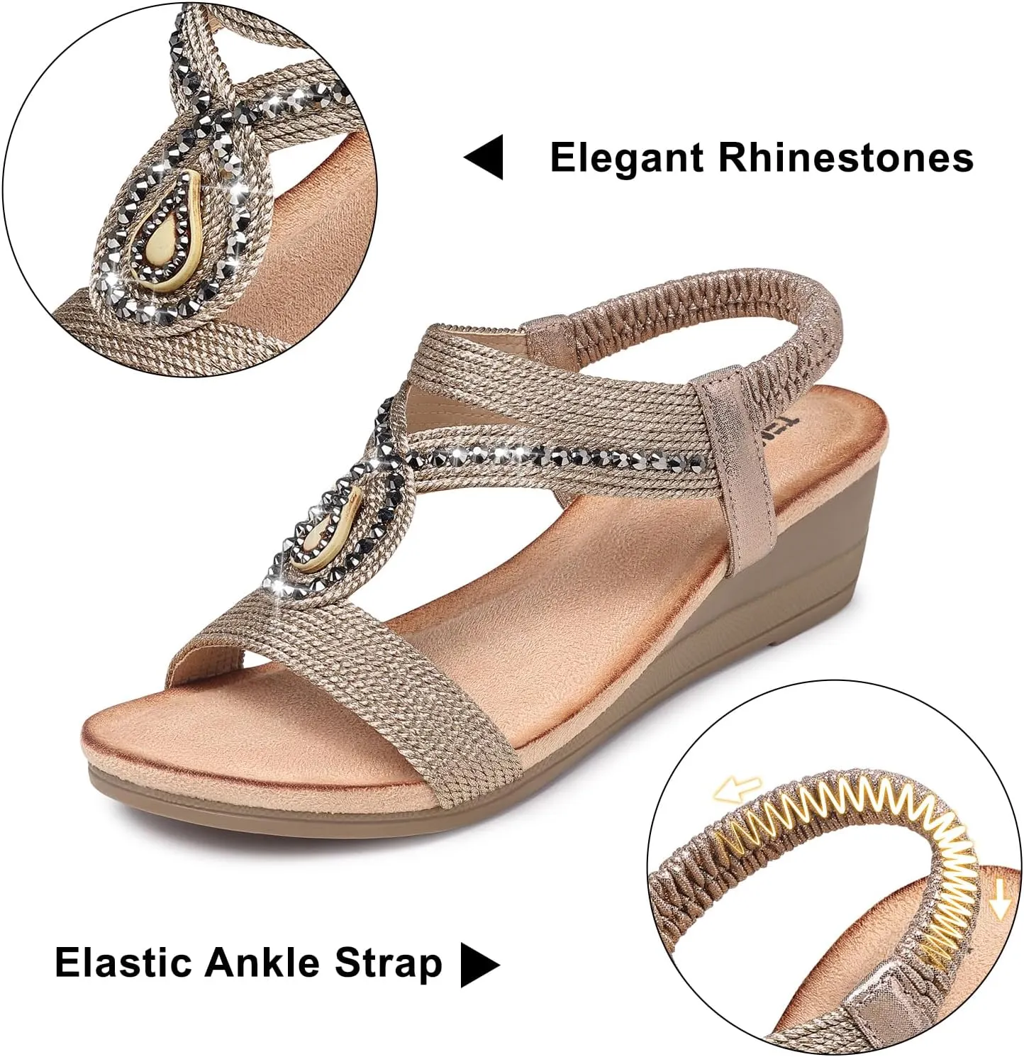 TEMOFON Wedge Sandals for Women Dressy: Low Wedge Sandals Women Comfortable Dressy Walking - Summer Casual Elastic Strappy Open Toe Rhinestone Shoes