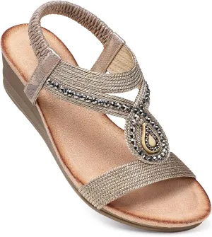 TEMOFON Wedge Sandals for Women Dressy: Low Wedge Sandals Women Comfortable Dressy Walking - Summer Casual Elastic Strappy Open Toe Rhinestone Shoes