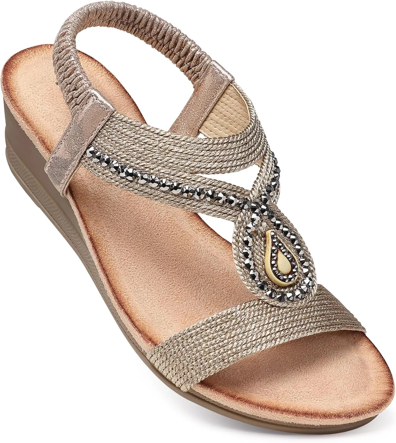 TEMOFON Wedge Sandals for Women Dressy: Low Wedge Sandals Women Comfortable Dressy Walking - Summer Casual Elastic Strappy Open Toe Rhinestone Shoes