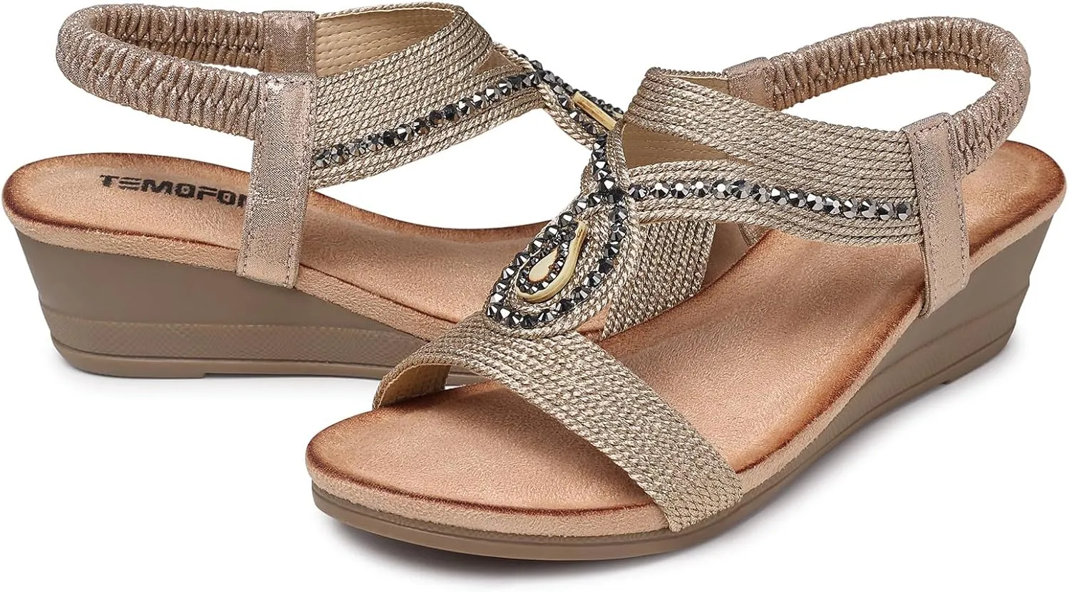 TEMOFON Wedge Sandals for Women Dressy: Low Wedge Sandals Women Comfortable Dressy Walking - Summer Casual Elastic Strappy Open Toe Rhinestone Shoes