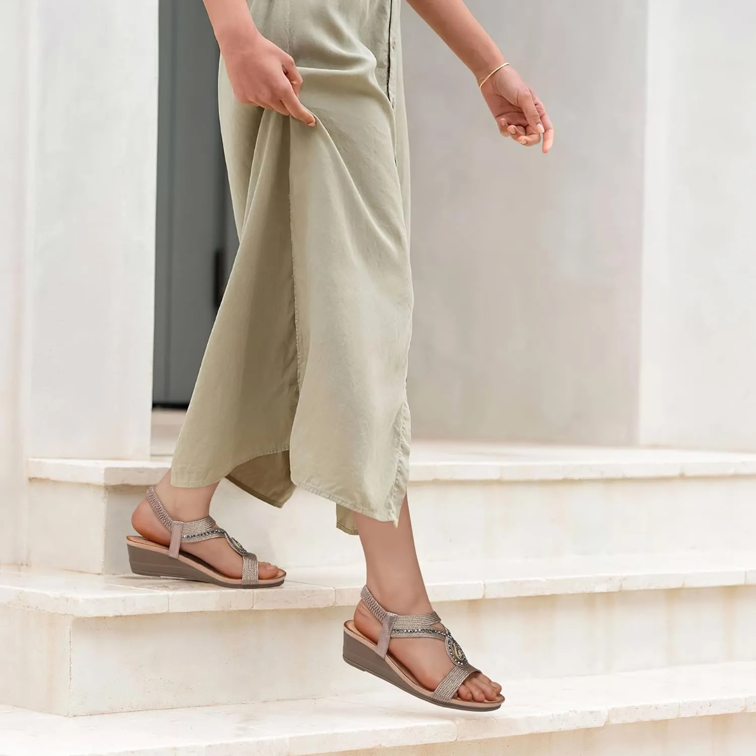 TEMOFON Wedge Sandals for Women Dressy: Low Wedge Sandals Women Comfortable Dressy Walking - Summer Casual Elastic Strappy Open Toe Rhinestone Shoes