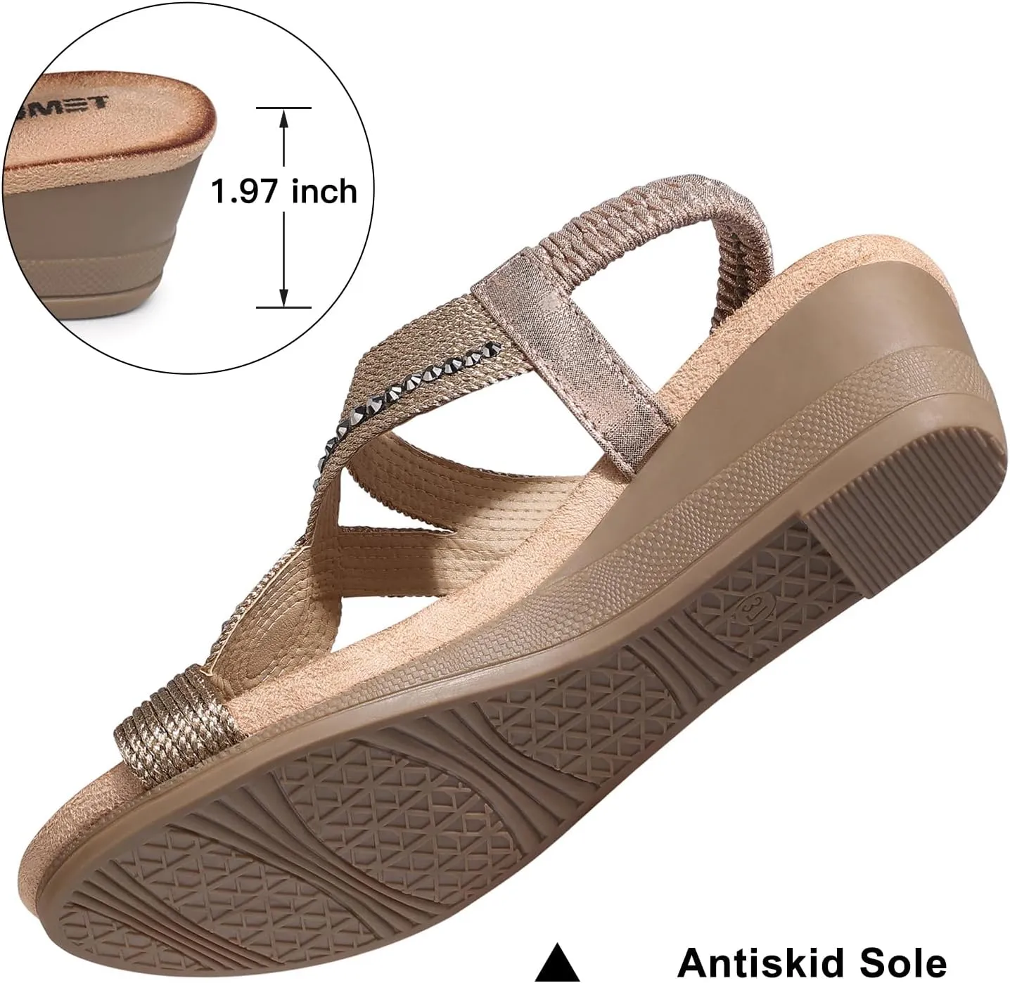TEMOFON Wedge Sandals for Women Dressy: Low Wedge Sandals Women Comfortable Dressy Walking - Summer Casual Elastic Strappy Open Toe Rhinestone Shoes