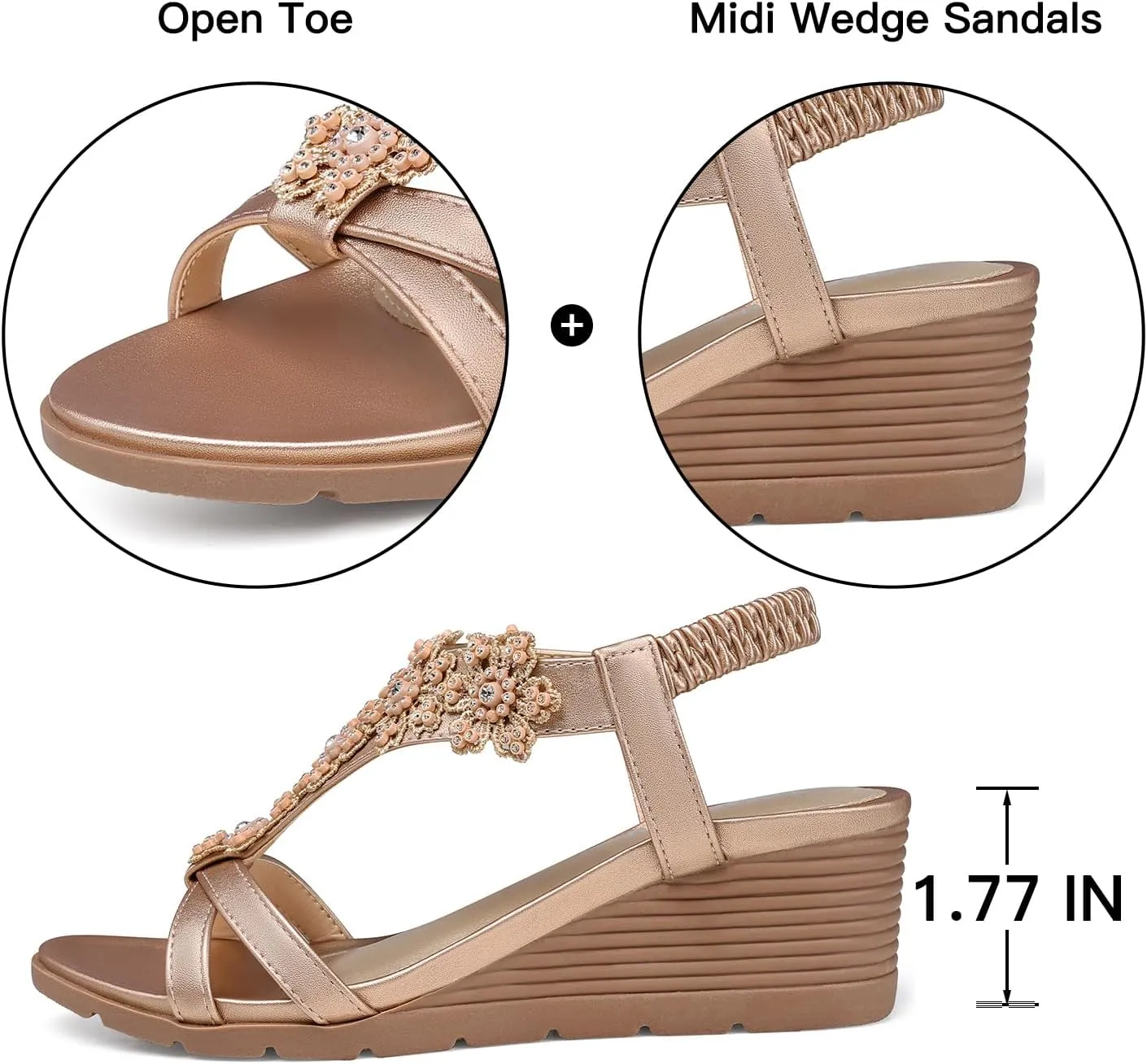 TEMOFON Women's Low Wedge Heels Summer Dressy Platform Sandals Elastic Ankle Strap Open Toe Flower Shoes