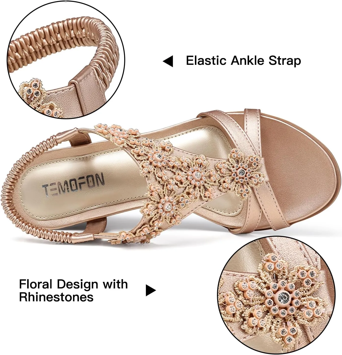 TEMOFON Women's Low Wedge Heels Summer Dressy Platform Sandals Elastic Ankle Strap Open Toe Flower Shoes