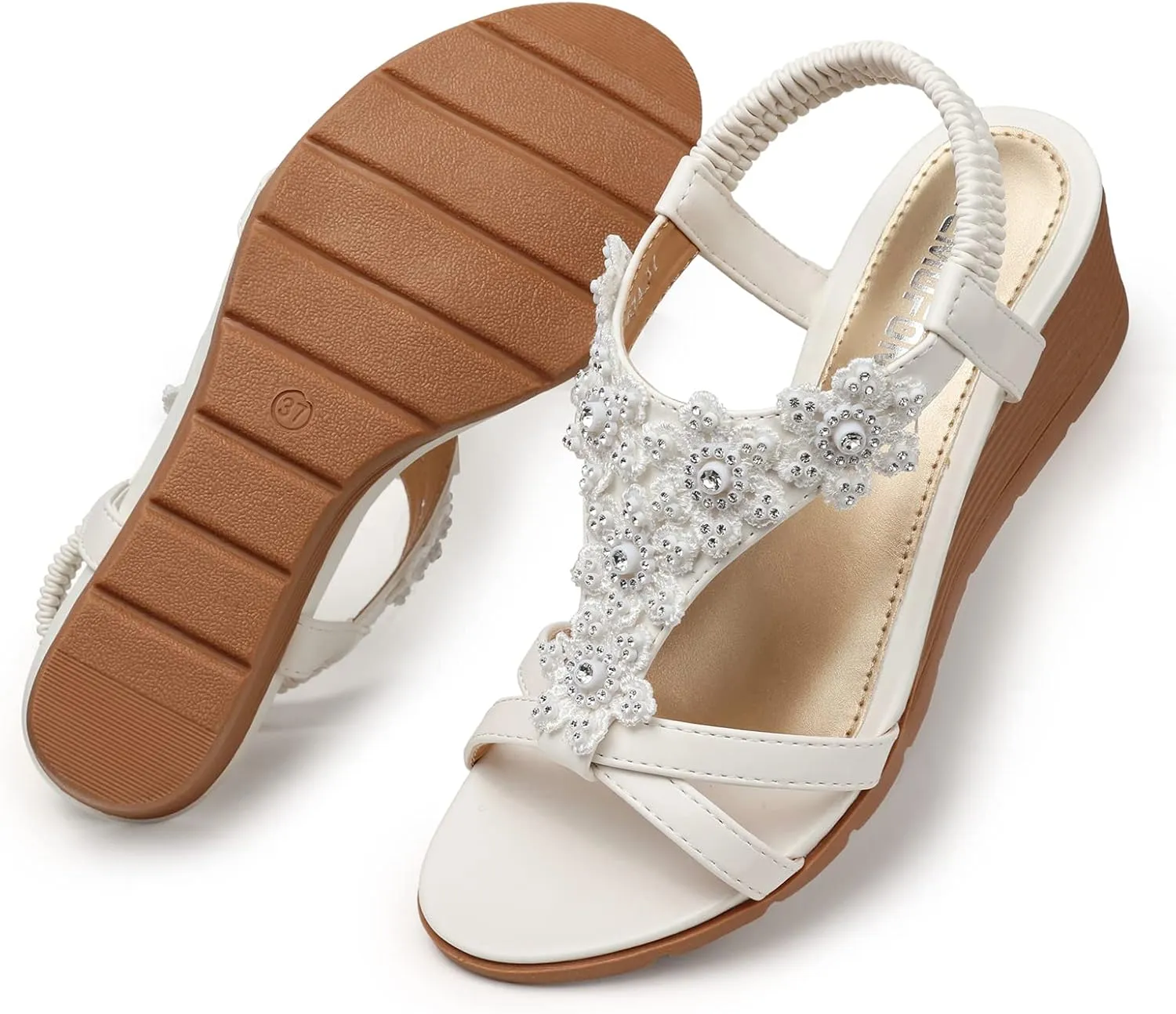 TEMOFON Women's Low Wedge Heels Summer Dressy Platform Sandals Elastic Ankle Strap Open Toe Flower Shoes