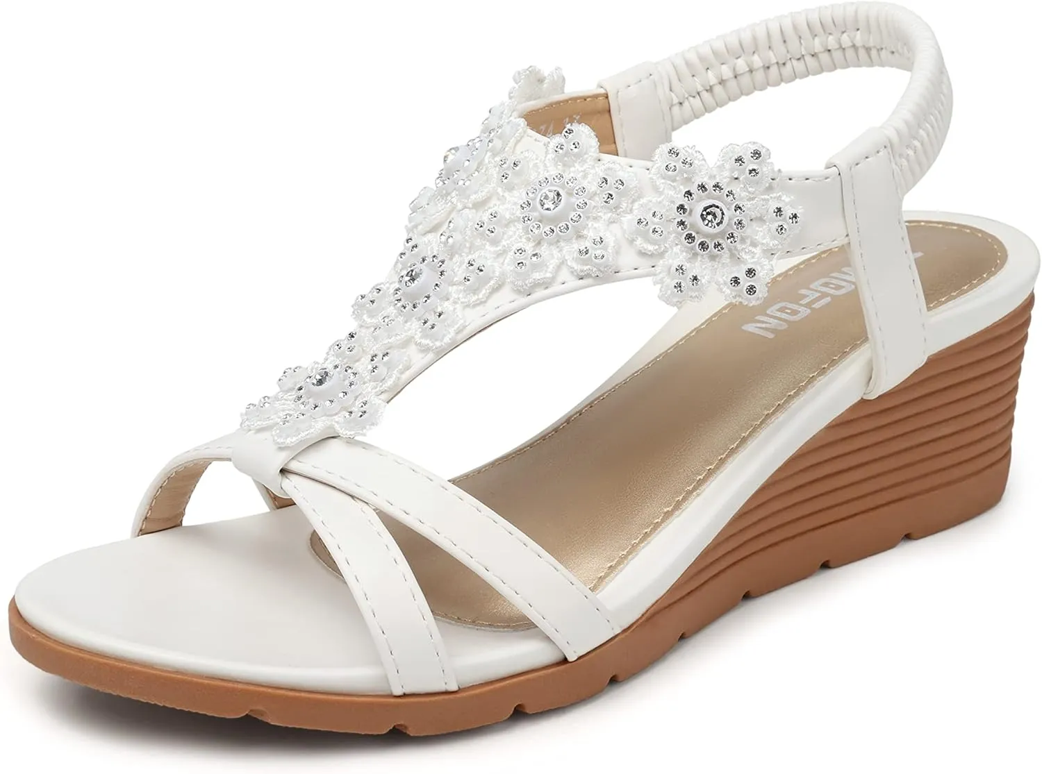 TEMOFON Women's Low Wedge Heels Summer Dressy Platform Sandals Elastic Ankle Strap Open Toe Flower Shoes