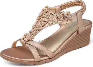 TEMOFON Women's Low Wedge Heels Summer Dressy Platform Sandals Elastic Ankle Strap Open Toe Flower Shoes